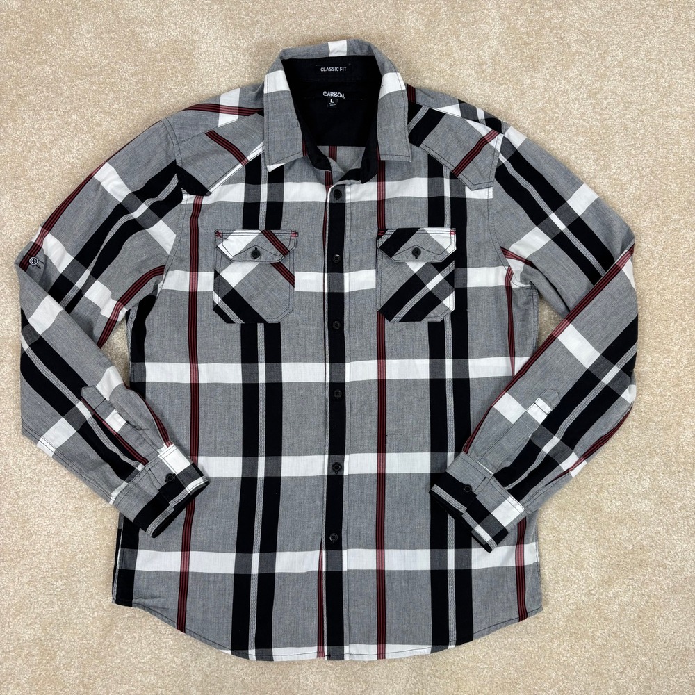 Carbon Classic Fit Mens Plaid Button Down Long Sleeve Shirt Gray Black‎ L